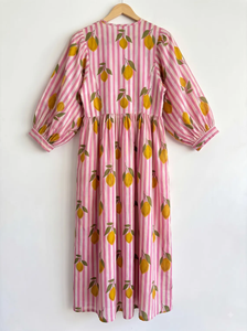Pink Stripe Maxi <b>Dress</b> for <b>Women</b> | <b>Lemon</b> Print Summer Holiday <b>Dress</b> with Relaxed Fit Resort Style Casual Travel Outfit - Product Image 6