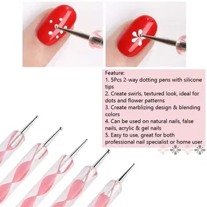 Juego de 5 Herramientas de Silicona para Decoración de Uñas, Pincel de Acrílico de 2 Puntas, Herramientas de Acero Inoxidable para Puntear, Pinceles para Efecto Mármol - Product Image 4