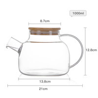 Théière en verre borosilicate transparent de 1000 ml, compatible avec les plaques de cuisson, avec couvercle en bambou, filtre amovible et bec verseur