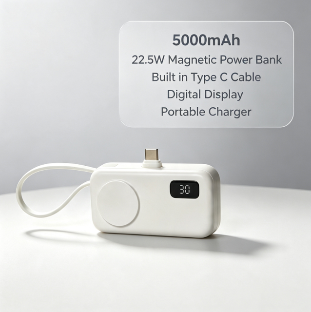 5000mAh Magnetic Power Bank 22.5W PD Fast Charging Built-in Type-C Cable Digital Display for Phone Smart Watch OEM Custom Logo