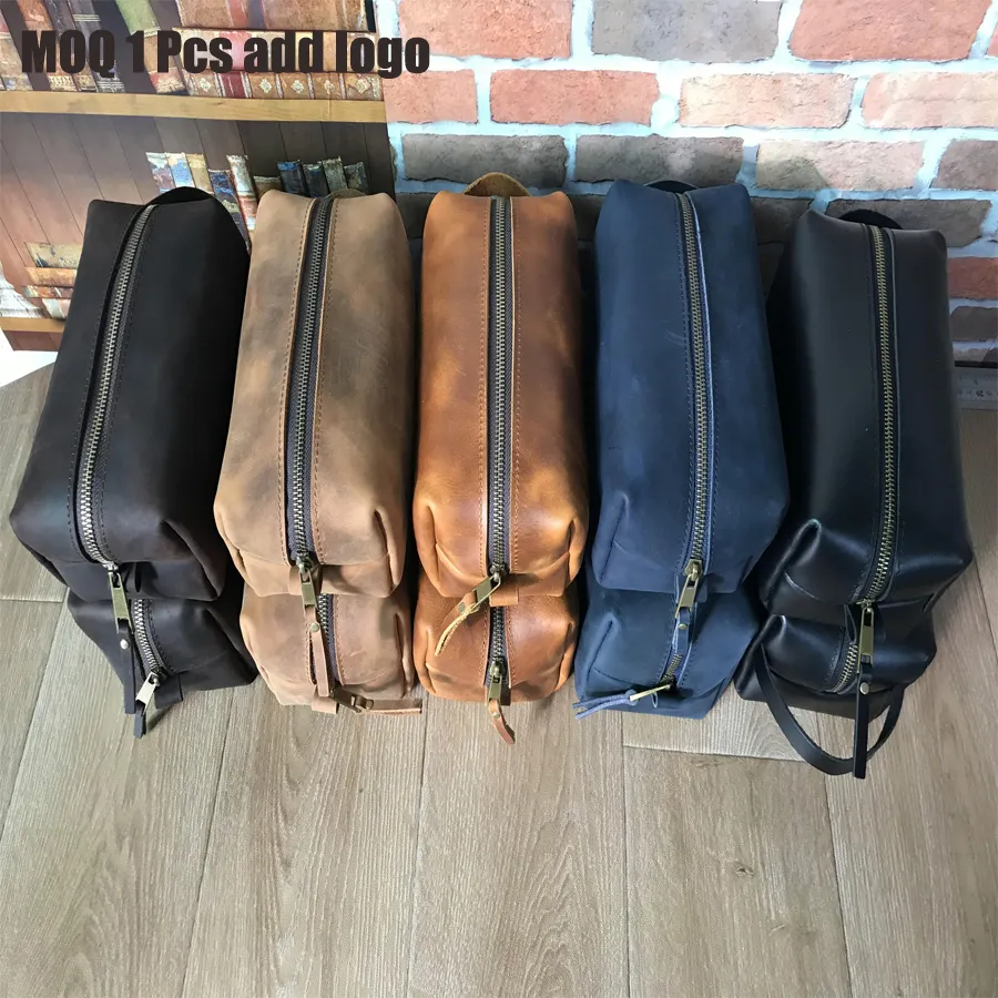Vintage style male travel toiletry bag large capacity genuine cowhide leather makeup bag for men