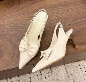 New summer French pointed-toe bow-back sandals. Wood-grain thin heel front <b>strap</b> elegant high-heeled shoes with a feminine style - Product Image 1