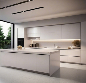 <span class=keywords><strong>Cocina</strong></span> Abierta <span class=keywords><strong>de</strong></span> Lujo Minimalista: Gabinetes en Tonos Neutros, Estanterías Abiertas Retroiluminadas, Isla, Espacio <span class=keywords><strong>de</strong></span> Comedor Integrado con Iluminación - Product Image 2