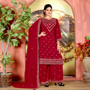 Salwar Kameez brodé bordeaux pour femme avec dupatta, tenue traditionnelle indienne et pakistanaise, coupe ample, longueur cheville, en coton, décontractée - Product Image 1