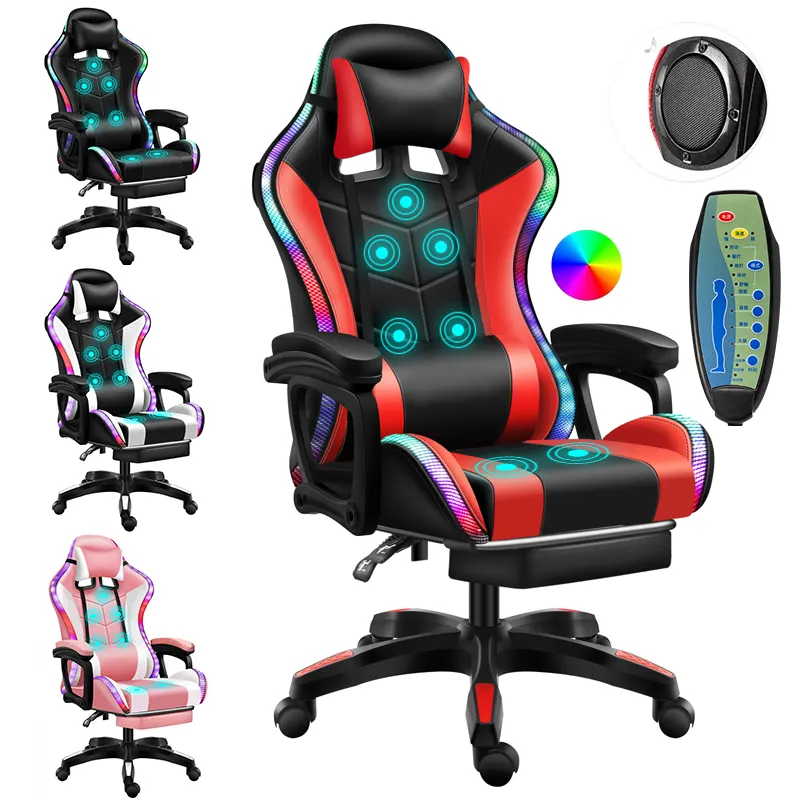 Free Sample Reclining Leather sedia RGB Racing Gamer Oyuncu Koltugu Gaming Chair With Footrest And Massage