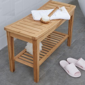 Bamboo Bath Bench With Storage <b>Shelf</b> Solid Wood Minimalist Design Bathroom Stool For Adults And Elderly - Product Image 4