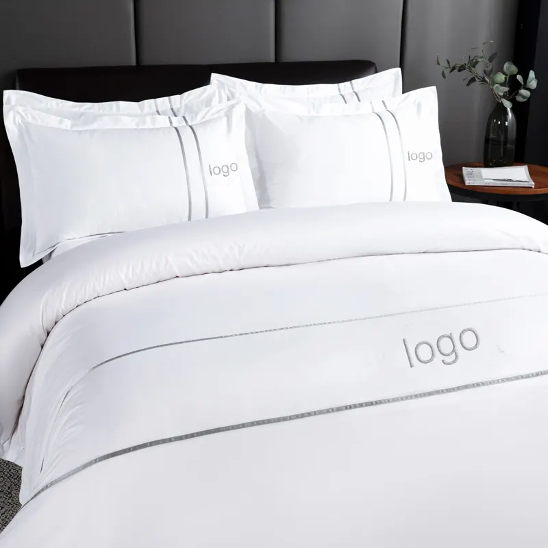 Custom 200tc-1000tc 5 Star Hotel Bed Sheet 4 PCS Embroidered Webbing Bedding Sets White 100% Cotton Hotel Bed Linen Duvet Cover