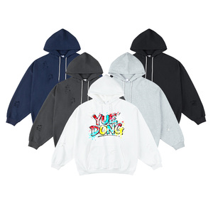 Logo French Terry Streetwear 100% Cotton Black Grey Heavy Weight Oversized Custom Pullover Hoodies Men Distressed Hoodie
