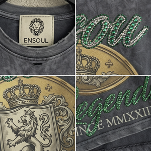 T-shirt <span class=keywords><strong>da</strong></span> uomo primaverile pesante vintage lavato con stampa grafica e decorazioni artigianali in strass, stile streetwear effetto distressed - Product Image 2