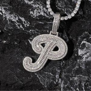 DIY Customized Iced <strong>T</strong> Shape Baguette Zircon Diamond <strong>Initial</strong> <strong>Necklace</strong> - Product Image 1