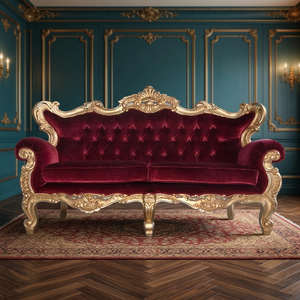Sofá de Salón de Tres Plazas de Lujo Estilo Barroco Francés, Terciopelo Rojo Dorado con Madera de Caoba Tallada Europea, Diseño de Secciones Acolchadas - Product Image 3