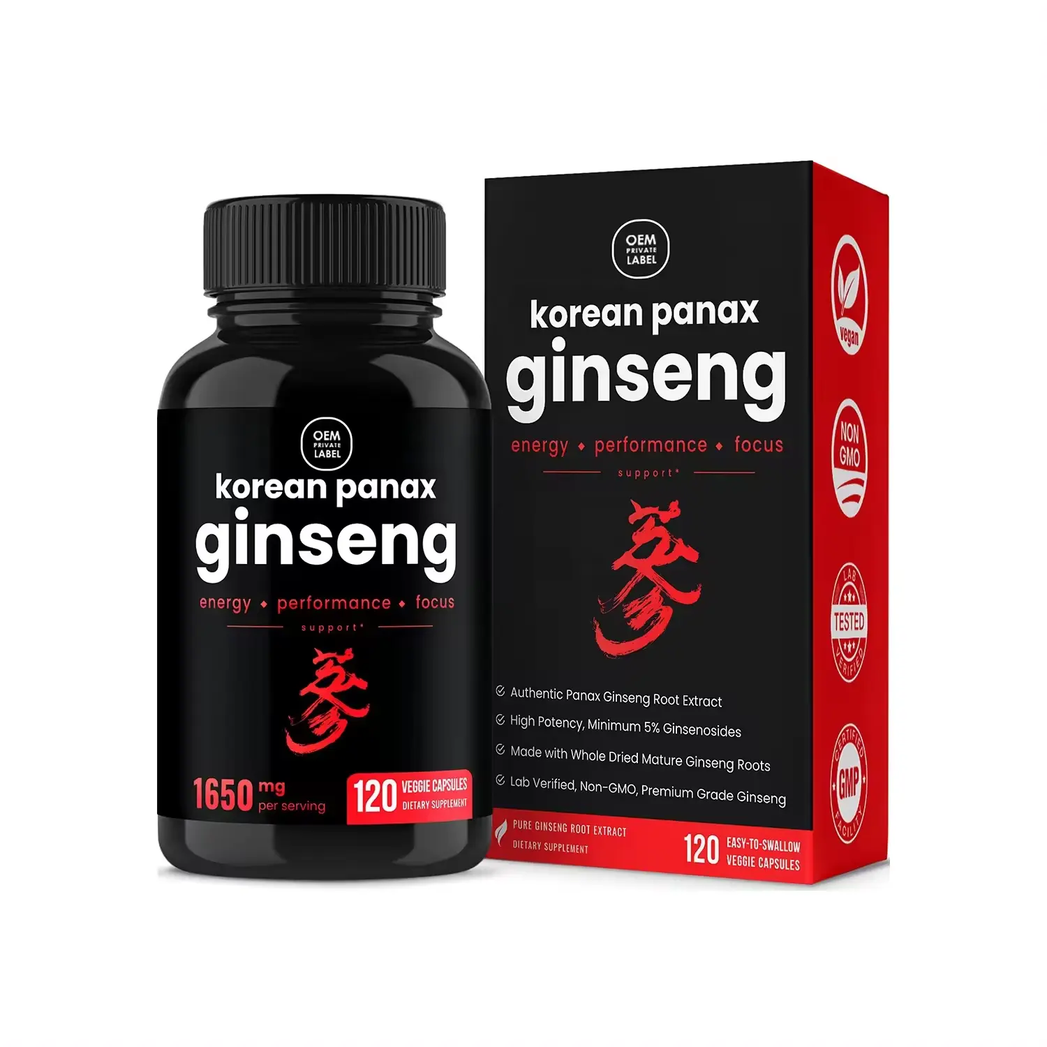 Biocaro Private Label Koreaanse Rode Panax Ginseng Capsules Ginsenosides Voor Energie, Prestaties En Geestelijke Gezondheid Pillen Voor Mannen Vrouwen