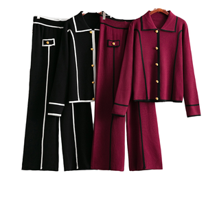 Conjunto de Suéter de Lana para Mujer, Color Sólido, Cuello Camisero, Chaqueta con Botones, Pantalones, Ecológico, Personalizable, Elegante, Ropa de Otoño - Product Image 1