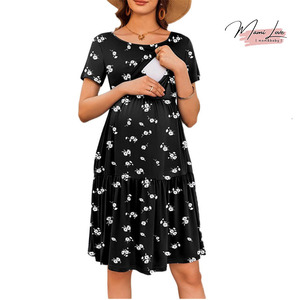 Abito da Allattamento Estivo a Maniche Corte, <span class=keywords><strong>Vestito</strong></span> <span class=keywords><strong>Premaman</strong></span> Casual Mini, <span class=keywords><strong>Nero</strong></span> Floreale in Morbido Cotone Elasticizzato con Scollo a V e Linea ad A - Product Image 1