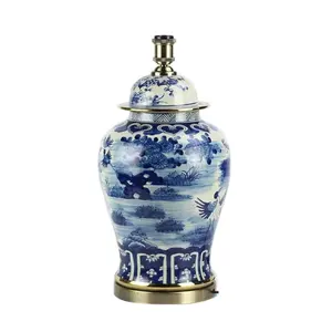 DS102-RZFZ02-A Gouden Rand Messing Basis Blauw En Wit Vogel Bloemenpatroon Porseleinen Gemberpot Lamp