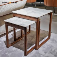 Table basse gigogne minimaliste en marbre Calacatta, série Brig, structure en noyer massif, extensible, pliable, mobile, hauteur réglable