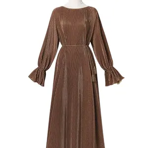 New Modest Satin Dress Vintage Style With Belt Flare Sleeve Strips Material Muslim Malaysia Indonesia Middle East Cabaya