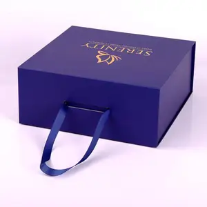 Bespoke luxury navy blue rigid paper gift box magnetic packaging folding gift box with logo for handbag garments and accessories