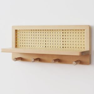 Étagère murale Art Déco en rotin et bois de pin massif avec crochets, porte-clés et porte-manteau tressé créatif, organisateur pour salle de bain et entrée, décoration intérieure - Product Image 6