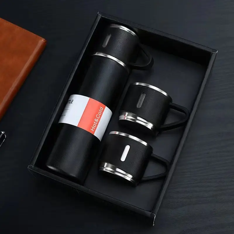 High Quality Business Custom gift cup Logo 304 Stainless Steel Coffee Thermos Set One Cup Two Lid Gift Box