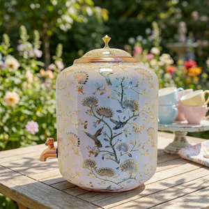 Distributeur d'eau en cuivre pur émaillé imprimé Chinoiserie de qualité supérieure, capacité 11 litres, avec robinet en laiton pour le stockage d'eau réparatrice - Product Image 2