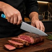 Ensemble de 7 couteaux Santoku, à pain et à plumes en acier Damas avec manche en résine bleue et bois de burl, pour la cuisine familiale et l'usage quotidien