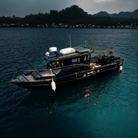 Yacht de croisière de luxe de 9 m tout noir avec grande cabine, coque en alliage d'aluminium, bateau de pêche à moteur hors-bord soudé avec cabine