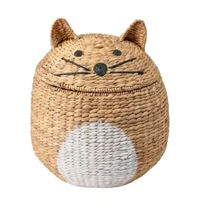 Animal Customized Woven Water Hyacinth Straw Seagrass Cat Shaped Storage Basket For Home Bedroom Kitchen