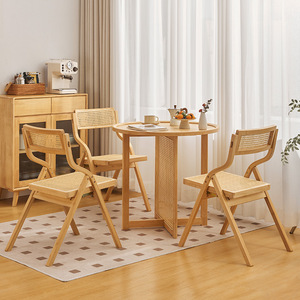 Rattan <b>Round</b> <b>Dining</b> <b>Table</b> And Chair <b>Set</b> Foldable Small Apartment Balcony Use Original Wood Style - Product Image 4