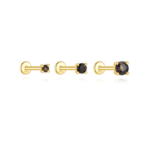 Boucles d'oreilles à vis dorées 1,2x6mm avec quartz rutilé noir en argent S925 à dos plat, 2mm/3mm/4mm - Product Image 2
