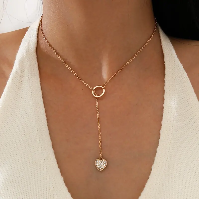 Sindlan Fashion Circle Tassel Rhinestone Heart Pendant Necklace Minimalist Long Necklace