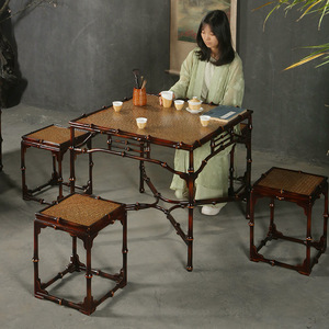 Chinese Style <b>Bamboo</b> Square Dining Table Set 4 Piece Antique Design Durable Tea Table For Dining Room - Product Image 1