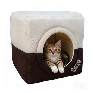 Cama para gatos 2 en 1 autocalentable, forma <span class=keywords><strong>de</strong></span> cueva plegable con espuma <span class=keywords><strong>de</strong></span> alta elasticidad, cama rectangular <span class=keywords><strong>de</strong></span> felpa para gatos, perros pequeños, embalado en cartón - Product Image 1