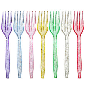 Tenedores de plástico desechables con destellos dorados y colores arcoíris para fiestas, cumpleaños y celebraciones. - Product Image 1