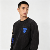 T-shirt à manches longues en coton épais pour homme, style vintage délavé à l'acide, avec poche à patch en chenille, streetwear, pour la vente en gros