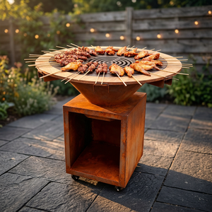 Barbecue extérieur moderne en acier Corten personnalisé avec roues, pour camping, au charbon de bois, certifié CE, allumage automatique - Product Image 1