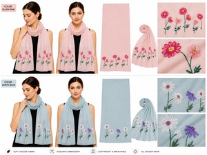ผ้าพันคอวิสโคสปักลายดอกไม้ น้ำหนักเบา ระบายอากาศได้ดี สำหรับผู้หญิง ใส่ได้ทุกฤดู ฤดูใบไม้ผลิ - Product Image 1