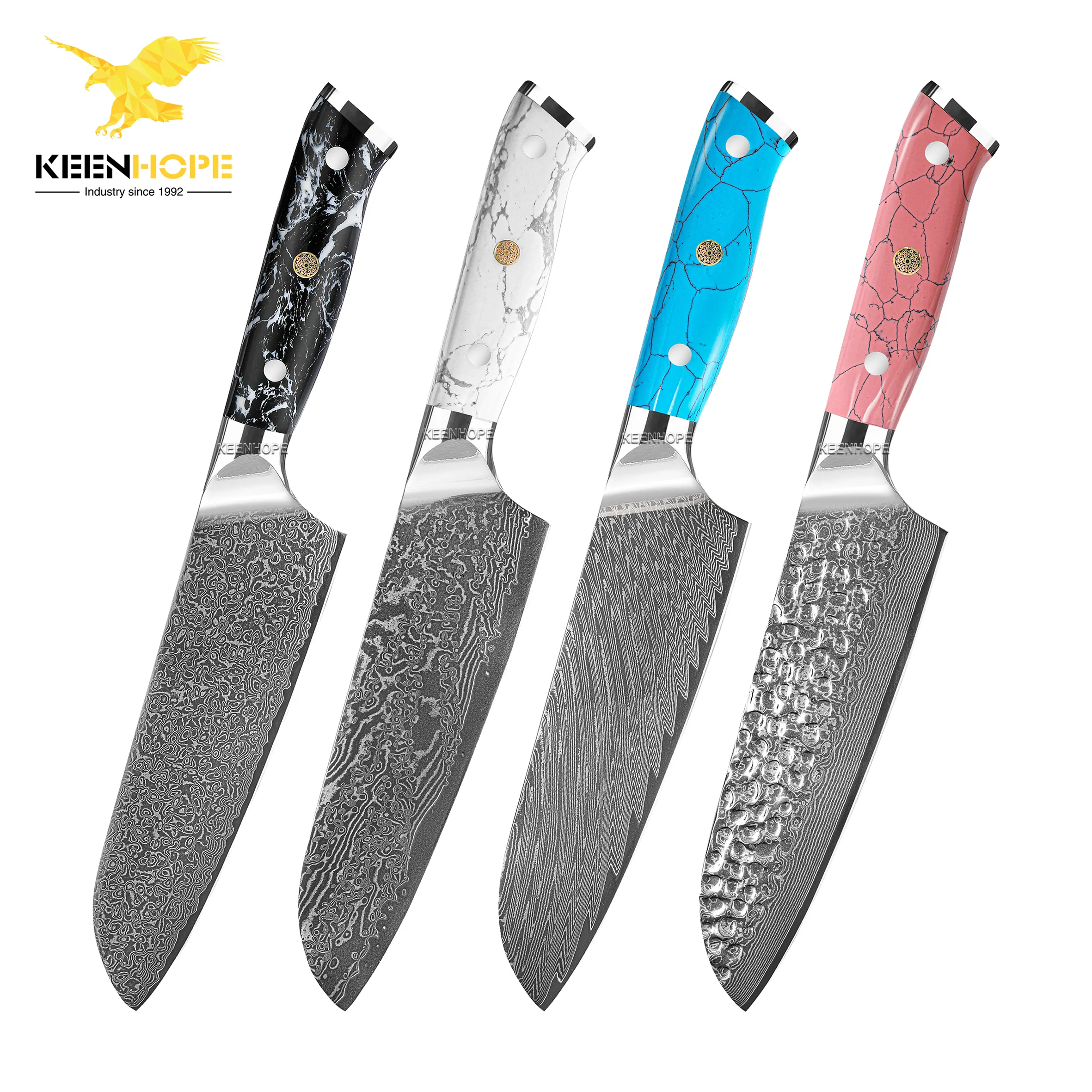 Splendido 67 strati damasco VG10 blu turchese manico in pietra 7 pollici santoku coltello damasco set di coltelli da cucina