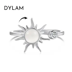 Dylam Dainty S925 Silver Rhodium 18K Gold Plated Adjustable Open 5A Cubic Zirconia Cat Eye Stone Sun Shape Anxiety Spinning Ring