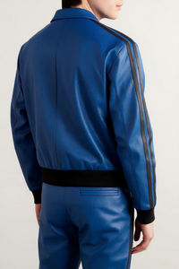 Chándal de Cuero Genuino Azul para Hombre, Estilo Casual de Manga Larga, Rayas en Contraste, Cierre de Cremallera, Corte Holgado, Color Sólido - Product Image 2