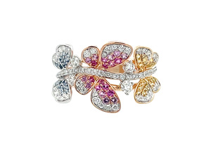 Bague papillon en saphir multicolores naturels et vifs, or blanc 18 carats, saphir bleu, rose, jaune et diamants pour femme - Product Image 4