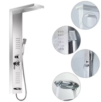 Colonne de douche moderne en acier inoxydable à 6 fonctions avec jets de massage corporel, effet pluie et cascade, douchette à main et bec de baignoire pour salle de bain d'hôtel
