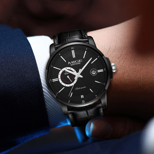 MIGE Men's Automatic Mechanical <b>Watch</b> Stainless Steel <b>Case</b> 42mm Sapphire Crystal Leather Strap Date Display Business Style - Product Image 5