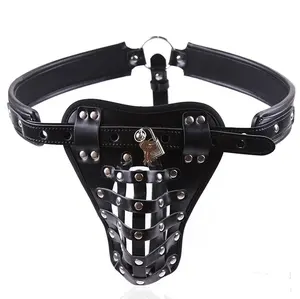 BDSM PU kulit pria sabuk kandang kesucian perangkat celana dalam kunci cincin Penis Bondage mainan seks erotis untuk pria dewasa permainan