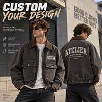 Blouson Bomber en Toile Lavée Style Vintage Personnalisé avec Col en Velours Côtelé, Veste de Travail en Toile pour Homme OEM ODM avec Logo Brodé