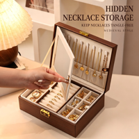 Boîte à bijoux vintage en noyer noir de style médiéval à 2 niveaux avec miroir et serrure pour bagues, boucles d'oreilles, colliers et montres