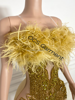 Robe de soirée mini ornée de plumes et de strass dorés Ocstrade, robe de célébrité scintillante avec cristaux pour anniversaire