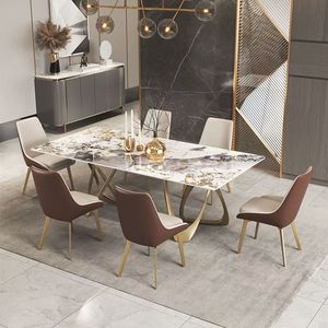 <span class=keywords><strong>Table</strong></span> à manger complète de luxe moderne haut de gamme avec plateau en pierre frittée et base en acier inoxydable, 6 chaises, rectangulaire, mobilier de maison et d'atelier - Product Image 2
