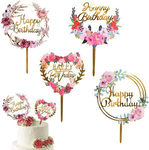 Gâteau d'<span class=keywords><strong>anniversaire</strong></span> en acrylique décoré avec des imprimés de fleurs colorées circulaires Happy Birthday Cake Topper - Product Image 2
