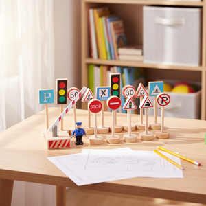 Jeu éducatif Montessori <span class=keywords><strong>de</strong></span> <span class=keywords><strong>signalisation</strong></span> <span class=keywords><strong>routière</strong></span> en bois pour enfants, 16 pièces, jeu <span class=keywords><strong>de</strong></span> sécurité <span class=keywords><strong>routière</strong></span> pour enfants - Product Image 1